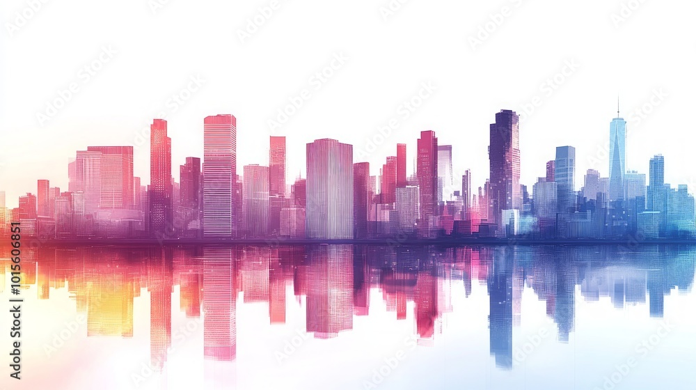 A colorful cityscape skyline with skyscrapers reflecting in a body of water. A colorful cityscape skyline with skyscrapers reflecting in a body of water.