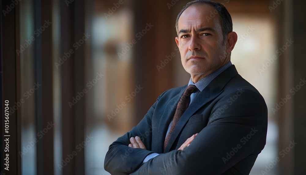 Portrait of a Middle-Aged Man in a Suit with Arms Crossed, Looking at the Camera Portrait of a Middle-Aged Man in a Suit with Arms Crossed, Looking at the Camera