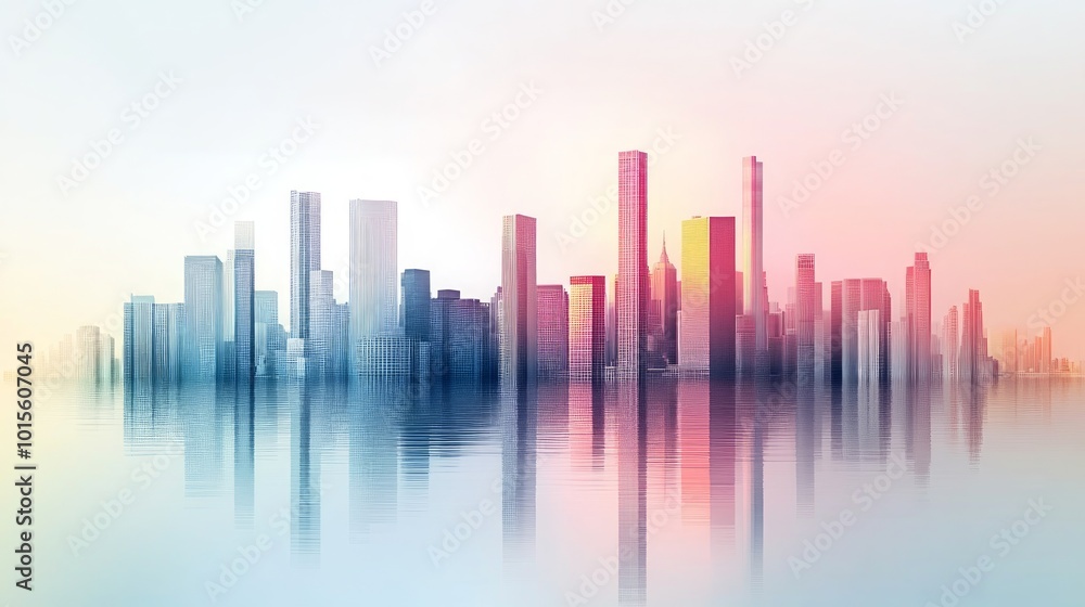 A colorful cityscape with a reflection on a body of water in the foreground. A colorful cityscape with a reflection on a body of water in the foreground.