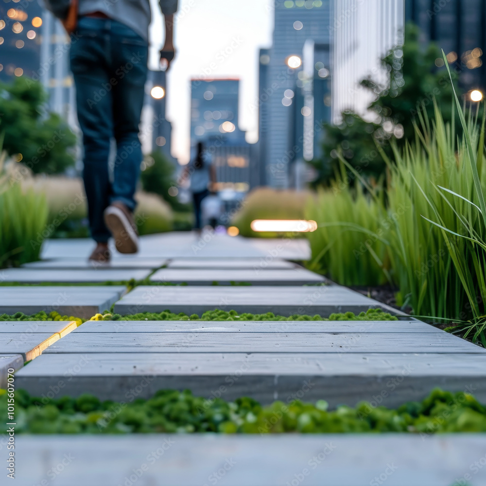 Sustainable green walkway in urban city designed with natural materials. Pedestrian comfort. Eco-friendly infrastructure and reducing vehicle use for a healthier, environmentally conscious lifestyle. Sustainable green walkway in urban city designed with natural materials. Pedestrian comfort. Eco-friendly infrastructure and reducing vehicle use for a healthier, environmentally conscious lifestyle.