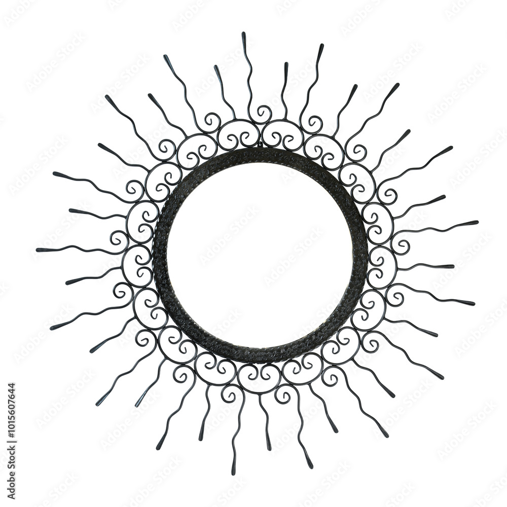 An intricate metal sunburst featuring swirling, ornamental wire rays and a circular, hollow center. The handcrafted design exudes a vintage, artisanal charm, perfect for decorative use.