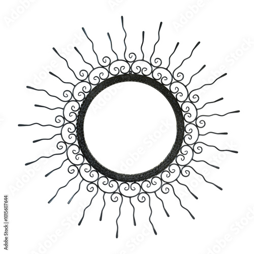 Obraz na płótnie An intricate metal sunburst featuring swirling, ornamental wire rays and a circular, hollow center. The handcrafted design exudes a vintage, artisanal charm, perfect for decorative use. w salonie