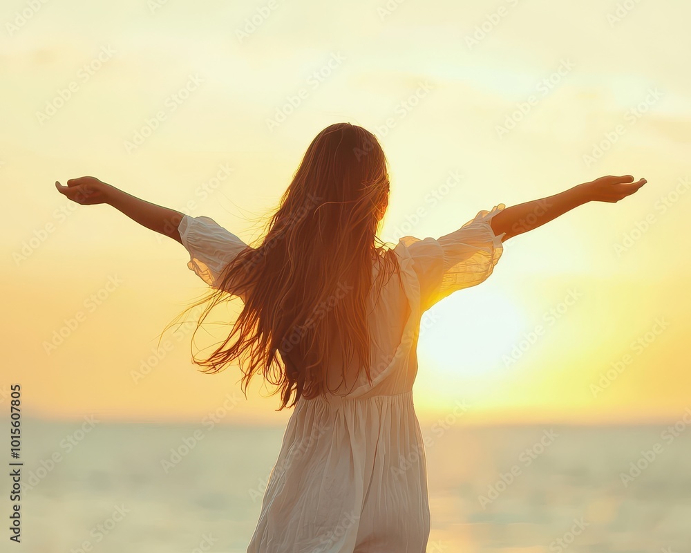 A woman dancing freely on the beach during sunset, her silhouette beautifully captured against the glowing sky. The scene evokes freedom, joy, and the relaxed spirit of summer by the ocean. A woman dancing freely on the beach during sunset, her silhouette beautifully captured against the glowing sky. The scene evokes freedom, joy, and the relaxed spirit of summer by the ocean.