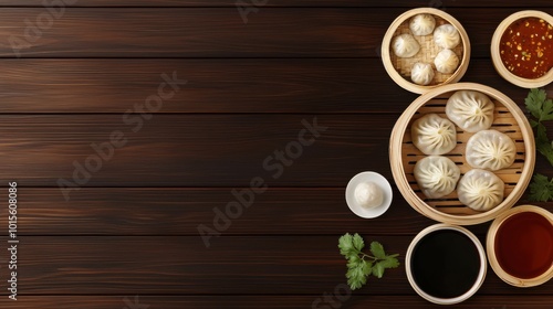 Photorealistic top view of freshly steamed dumplings on a wooden table with dipping sauces