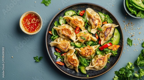 Beautifully presented dumplings on a ceramic plate with vibrant garnishes and sauces