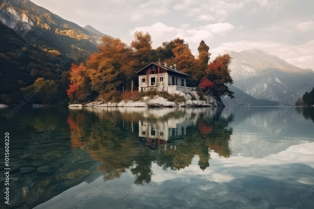 Scenic Mountain Lake House Surrounded by Serene Nature and Reflections Scenic Mountain Lake House Surrounded by Serene Nature and Reflections