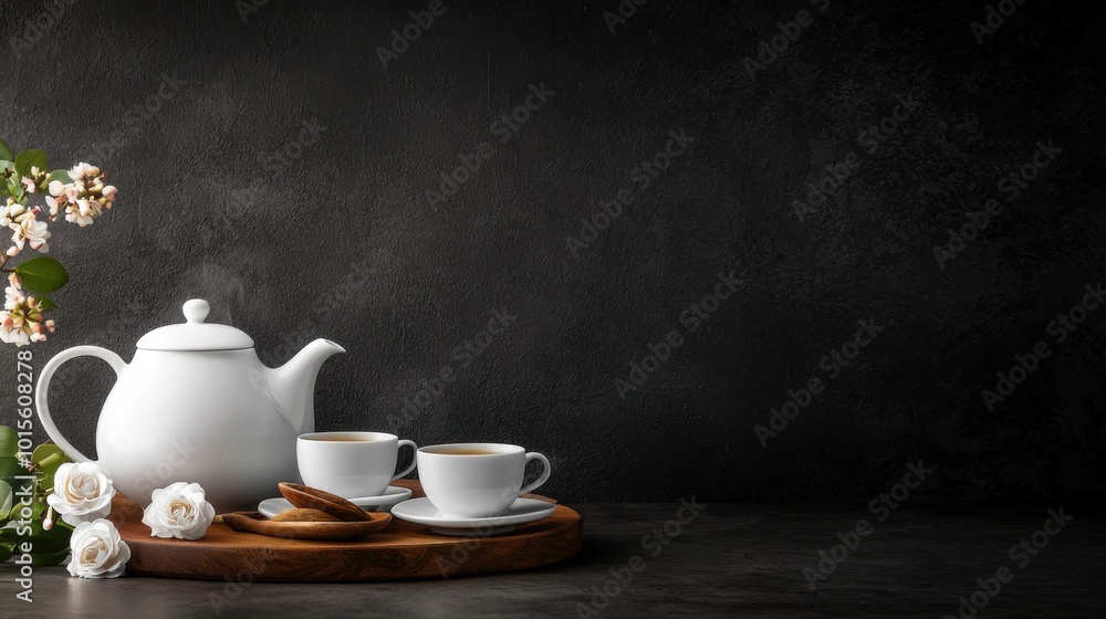 Beautifully arranged tea set with ceramic teapot, cups, and a tea tray on a rustic table Beautifully arranged tea set with ceramic teapot, cups, and a tea tray on a rustic table