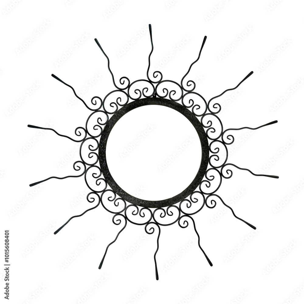 An intricate metal sunburst featuring swirling, ornamental wire rays and a circular, hollow center. The handcrafted design exudes a vintage, artisanal charm, perfect for decorative use.
