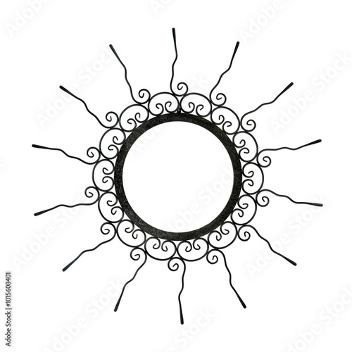 Obraz na płótnie An intricate metal sunburst featuring swirling, ornamental wire rays and a circular, hollow center. The handcrafted design exudes a vintage, artisanal charm, perfect for decorative use. w salonie