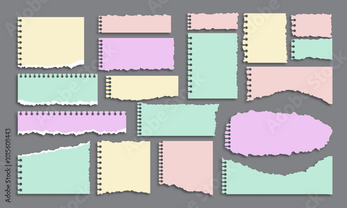big set of colorful torn note paper with isolated realistic shadow effect, reminder note. collection of ripped note paper element.Sticky note paper clipart