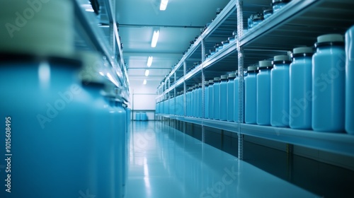 The storage room features rows of light blue canisters meticulously organized on shelves, illuminated by overhead fluorescent lights, creating an efficient atmosphere