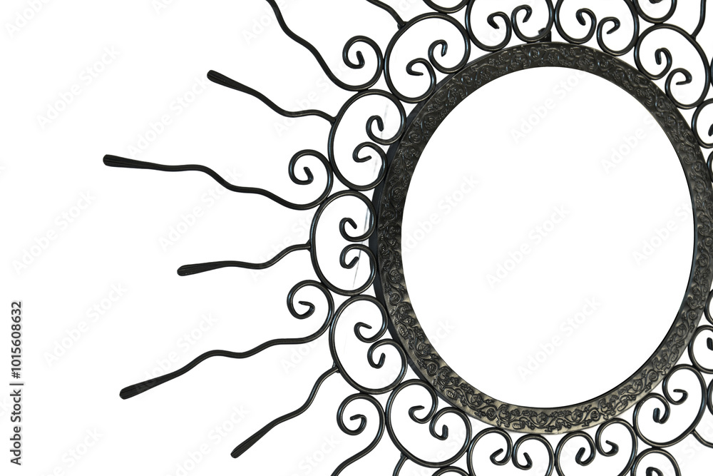 An intricate metal sunburst featuring swirling, ornamental wire rays and a circular, hollow center. The handcrafted design exudes a vintage, artisanal charm, perfect for decorative use.