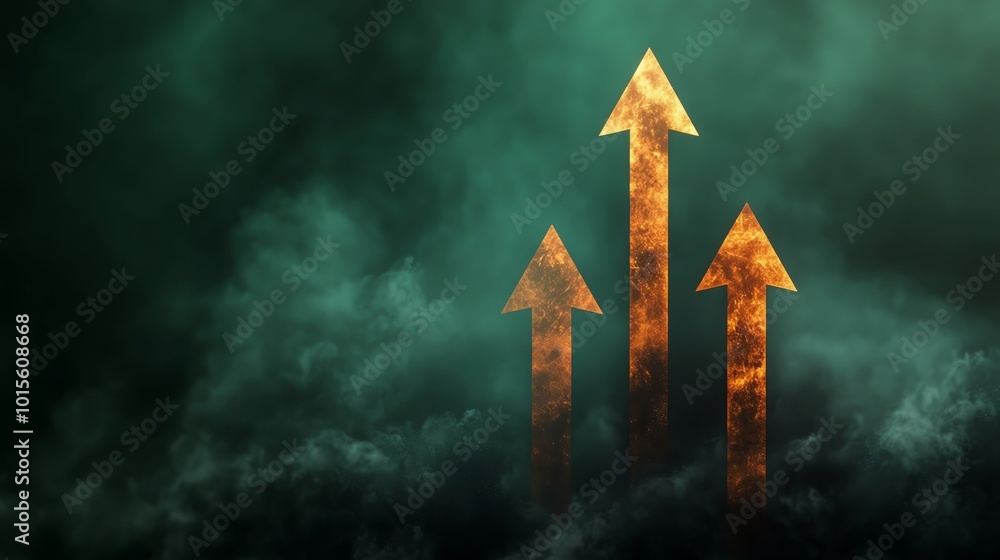 Fototapeta premium Abstract concept of growth with golden arrows rising through green mist.