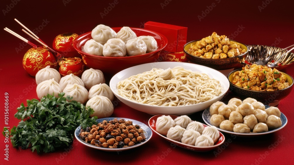 Noodles and dumplings arranged together on a table symbolizing long life and prosperity Noodles and dumplings arranged together on a table symbolizing long life and prosperity