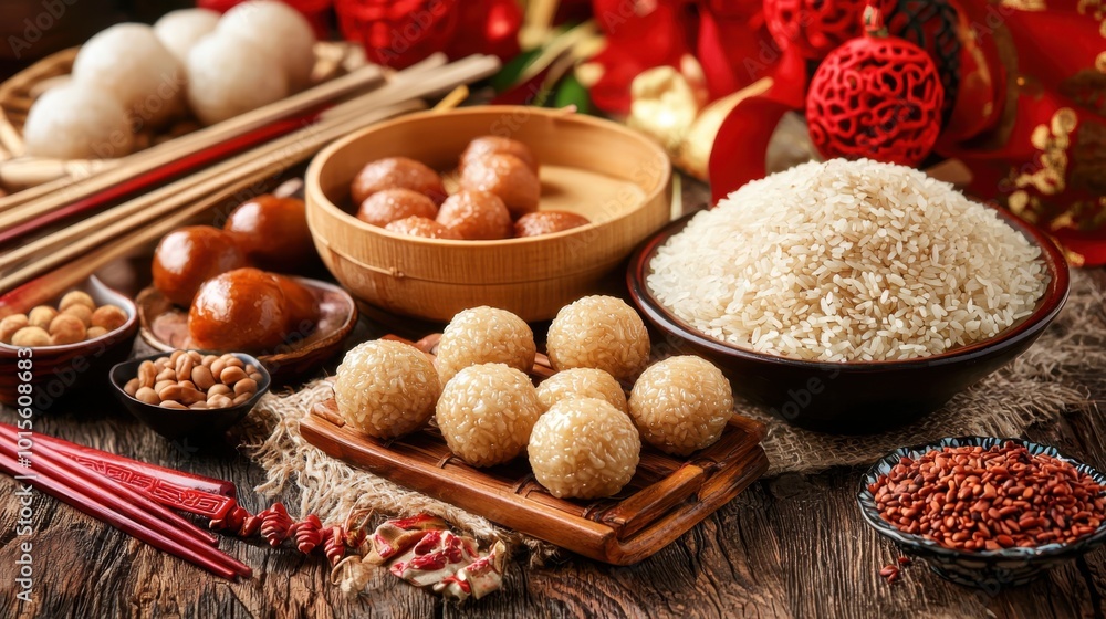 Traditional Lunar New Year foods including sesame balls and glutinous rice arranged on a rustic table Traditional Lunar New Year foods including sesame balls and glutinous rice arranged on a rustic table