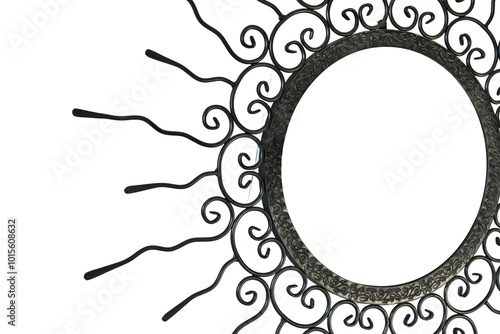 Obraz na płótnie An intricate metal sunburst featuring swirling, ornamental wire rays and a circular, hollow center. The handcrafted design exudes a vintage, artisanal charm, perfect for decorative use. w salonie