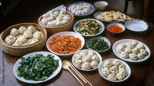 Noodles and dumplings arranged together on a table symbolizing long life and prosperity