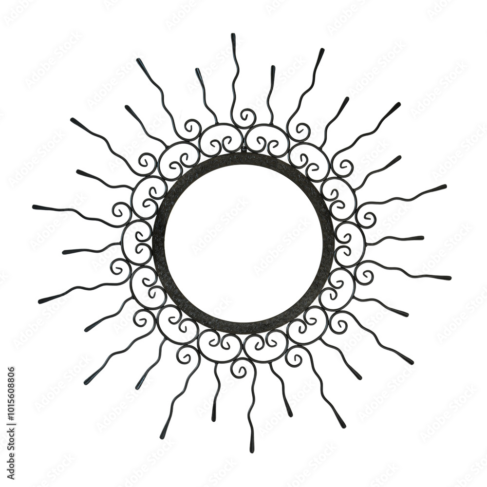 An intricate metal sunburst featuring swirling, ornamental wire rays and a circular, hollow center. The handcrafted design exudes a vintage, artisanal charm, perfect for decorative use.