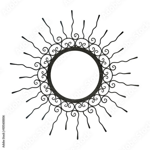Obraz na płótnie An intricate metal sunburst featuring swirling, ornamental wire rays and a circular, hollow center. The handcrafted design exudes a vintage, artisanal charm, perfect for decorative use. w salonie