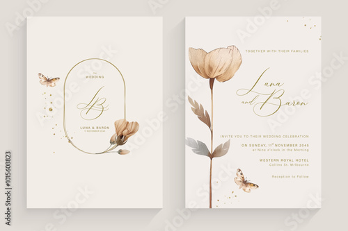 Simple Wedding Invitation Tempate with Aesthetic Flower Watercolor Arrangement