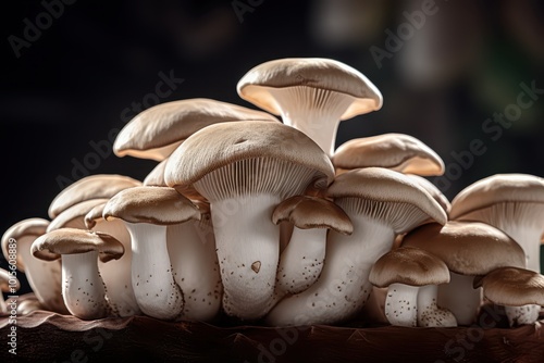 Fresh Cluster of Mushrooms on Wooden Table in a Dark Ambient Setting photo