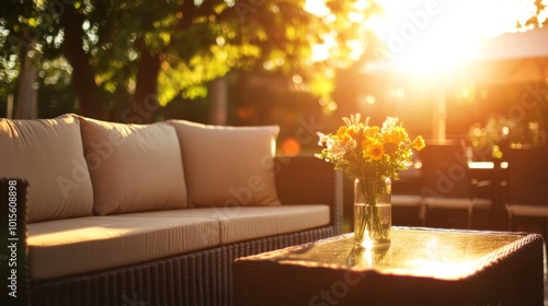 A wicker sofa adorned with soft cream cushions invites relaxation on a patio, complemented by a small glass-topped table with a vibrant flower vase