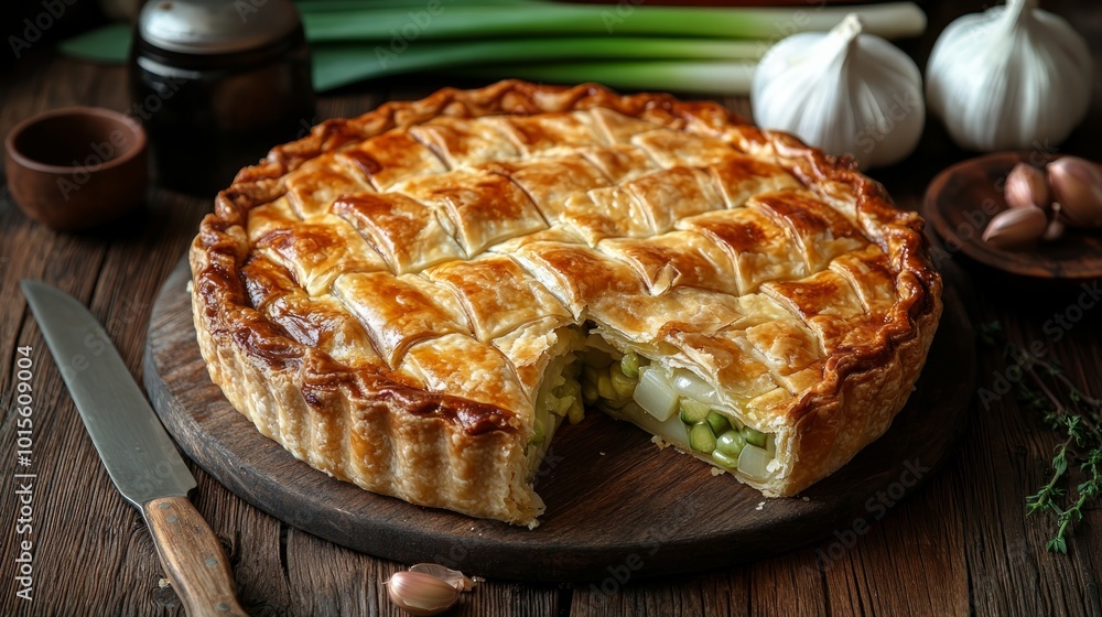 A delicious and golden leeky and potato pie on a rustic wooden board. A delicious and golden leeky and potato pie on a rustic wooden board.
