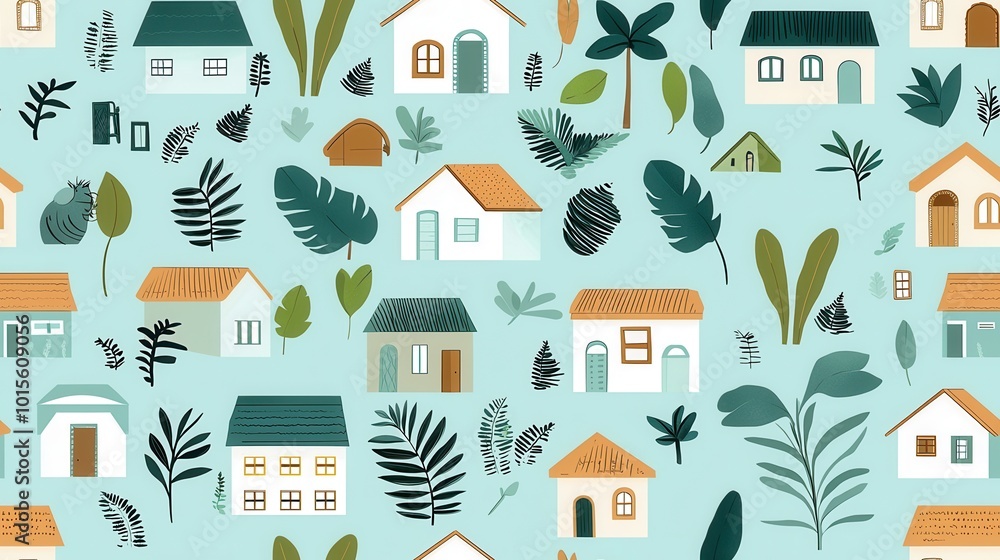 High-resolution seamless pattern of Indian village life with greenery and rural homes on a soft blue background High-resolution seamless pattern of Indian village life with greenery and rural homes on a soft blue background