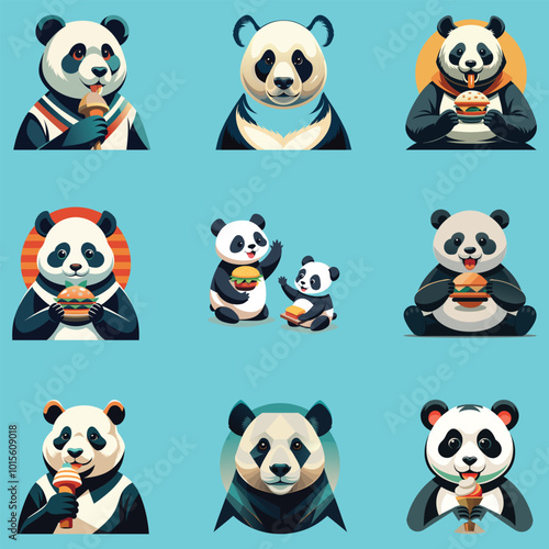 Cute panda eating various character art illustration photo