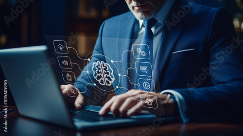 Business professional applying artificial intelligence in corporate strategy; digital interface showcasing AI and brain icons for enhanced decision-making.