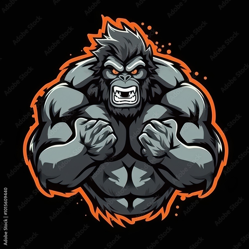 Fototapeta premium Powerful Muscular Gorilla Cartoon Logo with Aggressive Expression