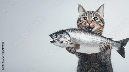 Cat's Amazing Catch: A playful tabby cat proudly presents a large, glistening salmon, a humorous and heartwarming image perfect for pet lovers and websites. photo