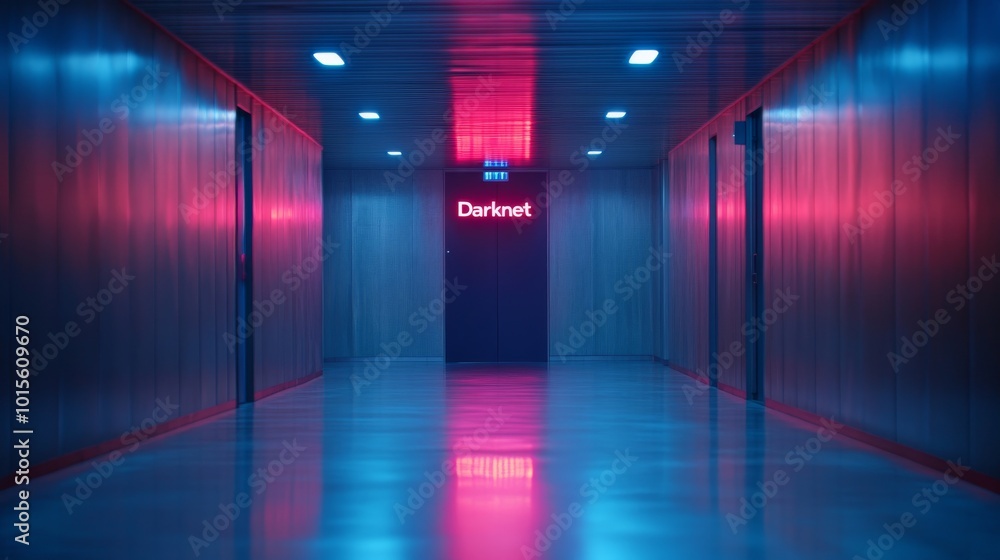 A narrow corridor with dark metallic walls and a glowing red Darknet door invites curiosity and caution. Flickering blue light enhances the mysterious atmosphere A narrow corridor with dark metallic walls and a glowing red Darknet door invites curiosity and caution. Flickering blue light enhances the mysterious atmosphere