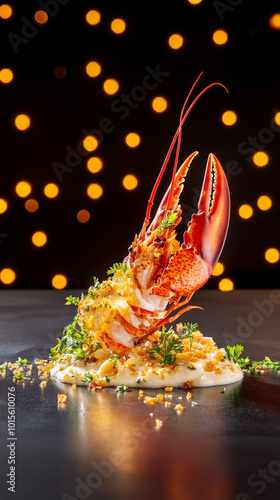 Artfully arranged deconstructed lobster thermidor with vibrant garnishes, showcasing exquisite details of lobster against blurred bokeh background photo