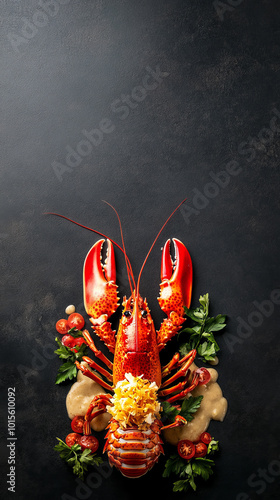 Artfully arranged deconstructed lobster thermidor with vibrant garnishes, showcasing rich colors and textures of seafood. feast for eyes and palate photo