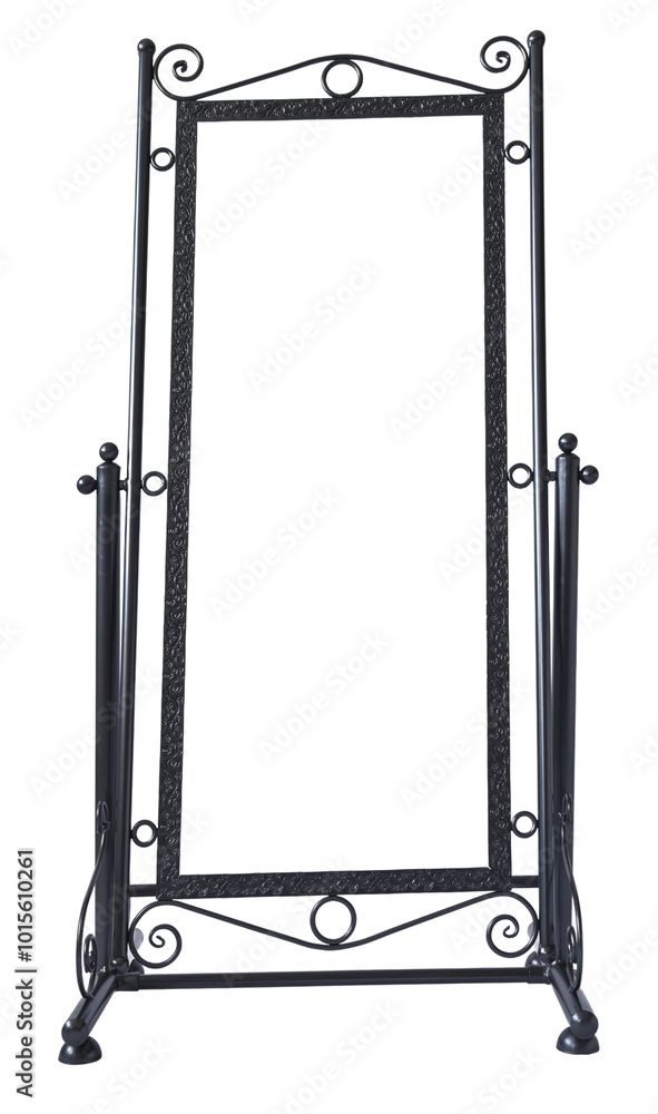 A freestanding metal mirror frame with ornate scrollwork and a sturdy base, showcasing a vintage, handcrafted design. Perfect for adding elegance to any space.