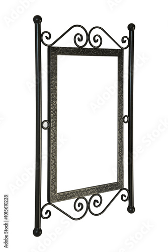 A decorative metal rectangular frame with elegant scrollwork and vertical rods on the sides, offering a vintage, handcrafted appeal. Ideal for home decor or art display.