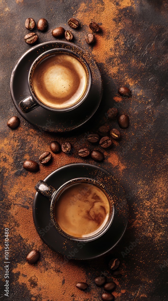 Create a cozy background with a top view of real coffee, featuring freshly brewed cups, aromatic beans, and rich textures in high definition, ensuring a noise-free and inviting visual experience Create a cozy background with a top view of real coffee, featuring freshly brewed cups, aromatic beans, and rich textures in high definition, ensuring a noise-free and inviting visual experience