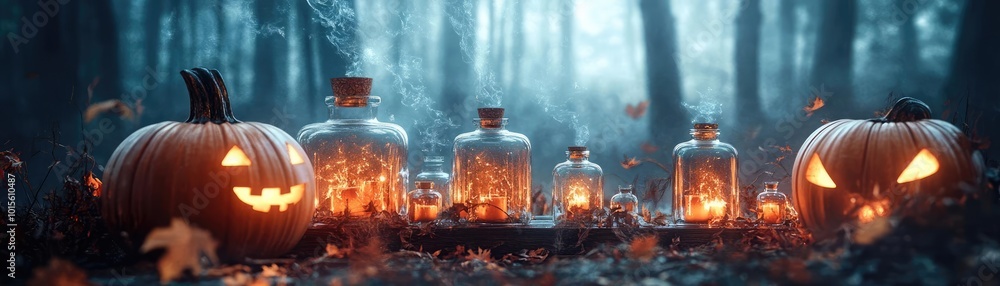 A spooky Halloween scene with glowing pumpkins and mysterious bottles in a dark forest setting. A spooky Halloween scene with glowing pumpkins and mysterious bottles in a dark forest setting.