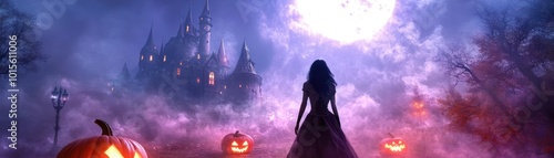 A mysterious silhouette of a woman in a dark gown stands before a haunted castle, surrounded by glowing pumpkins under a full moon.