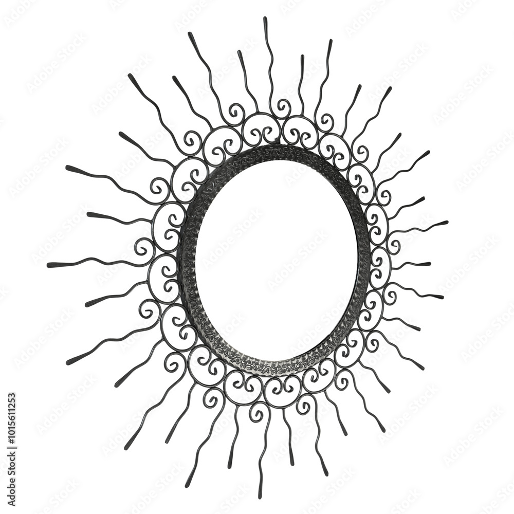 An intricate metal sunburst featuring swirling, ornamental wire rays and a circular, hollow center. The handcrafted design exudes a vintage, artisanal charm, perfect for decorative use.
