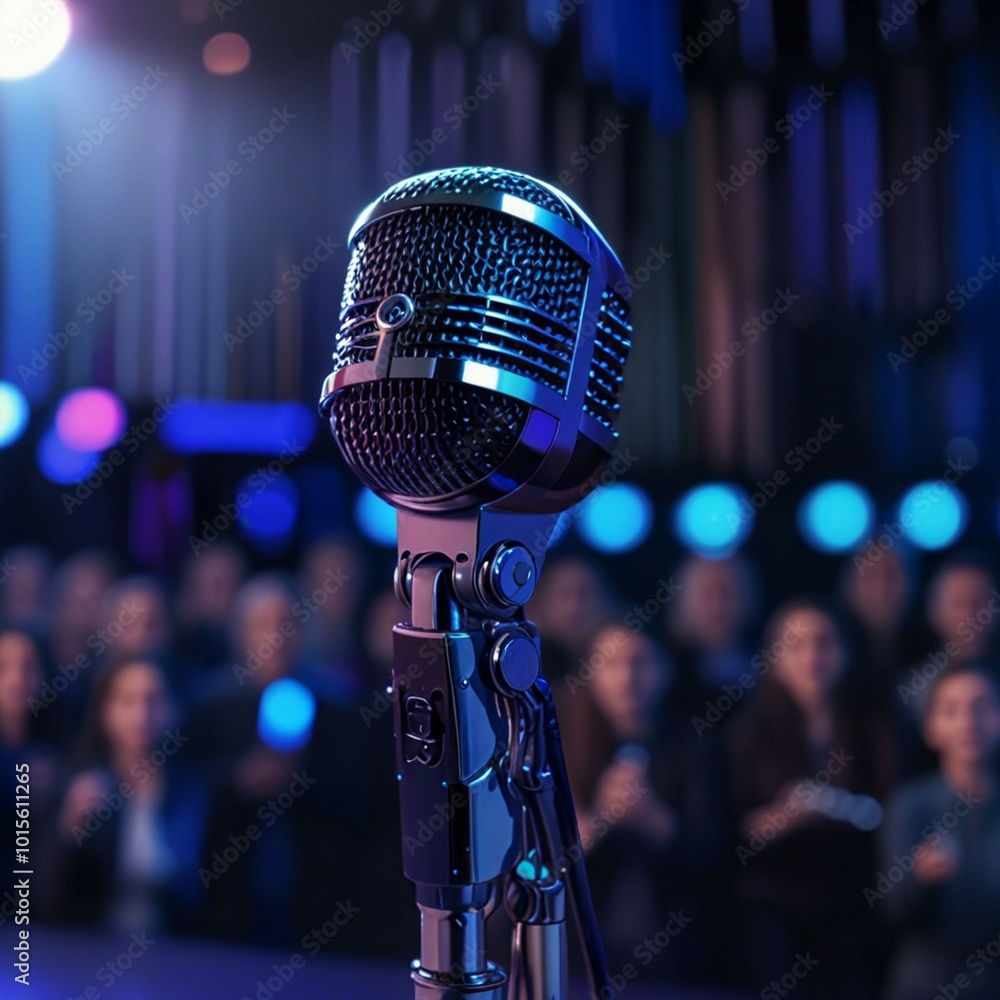 a microphone is on a stand with the lights behind it. a microphone is on a stand with the lights behind it.