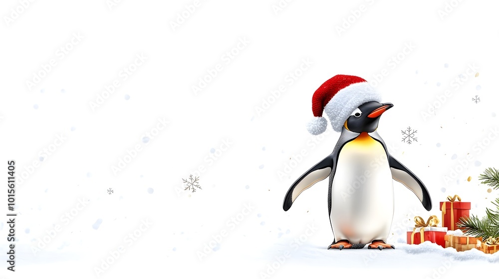 Minimalist Penguin in Woolly Hat Against Snowy Backdrop Minimalist Penguin in Woolly Hat Against Snowy Backdrop
