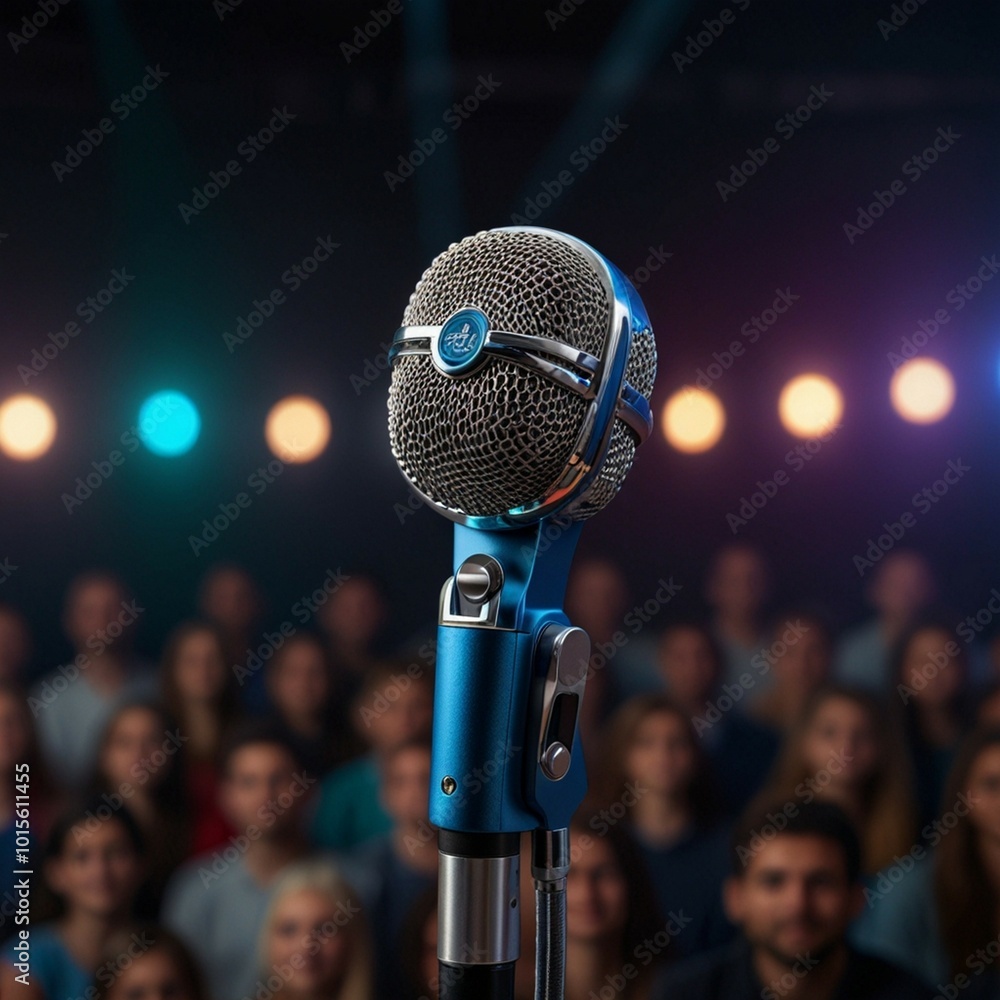 a microphone is on a stand with the lights behind it. a microphone is on a stand with the lights behind it.