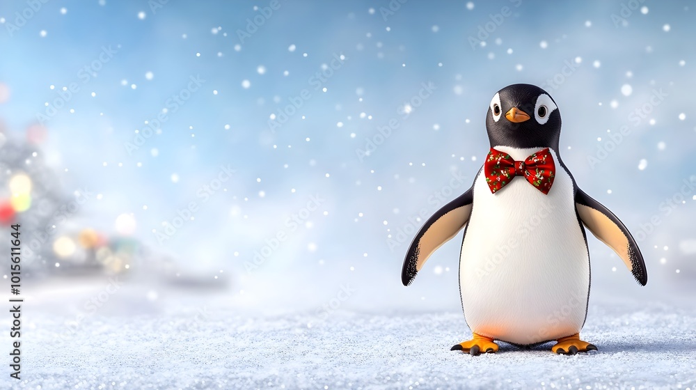 Festive Penguin with Bow Tie Against Snowy Silver Background Festive Penguin with Bow Tie Against Snowy Silver Background