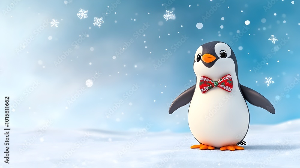 Adorable Cartoon Penguin with Festive Bow Tie Against Snowy Silver Background Adorable Cartoon Penguin with Festive Bow Tie Against Snowy Silver Background