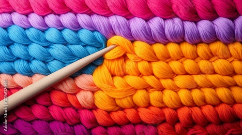 A crochet hook working through stitches in bright neon yarn, dynamic and creative fiber art, bold and vibrant colors photo