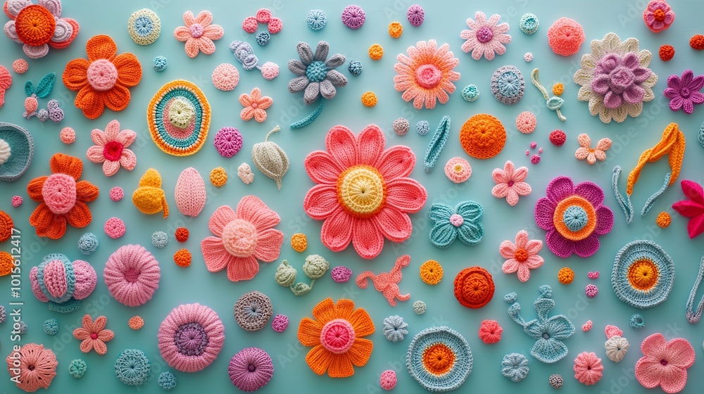 Crochet flowers in bright colors arranged in a decorative pattern, playful and vibrant fiber art, intricate craftsmanship Crochet flowers in bright colors arranged in a decorative pattern, playful and vibrant fiber art, intricate craftsmanship