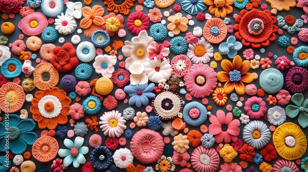 Crochet flowers in bright colors arranged in a decorative pattern, playful and vibrant fiber art, intricate craftsmanship Crochet flowers in bright colors arranged in a decorative pattern, playful and vibrant fiber art, intricate craftsmanship