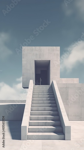 Modern Minimalist Concrete Architecture with Geometric Staircase against Clear Sky photo